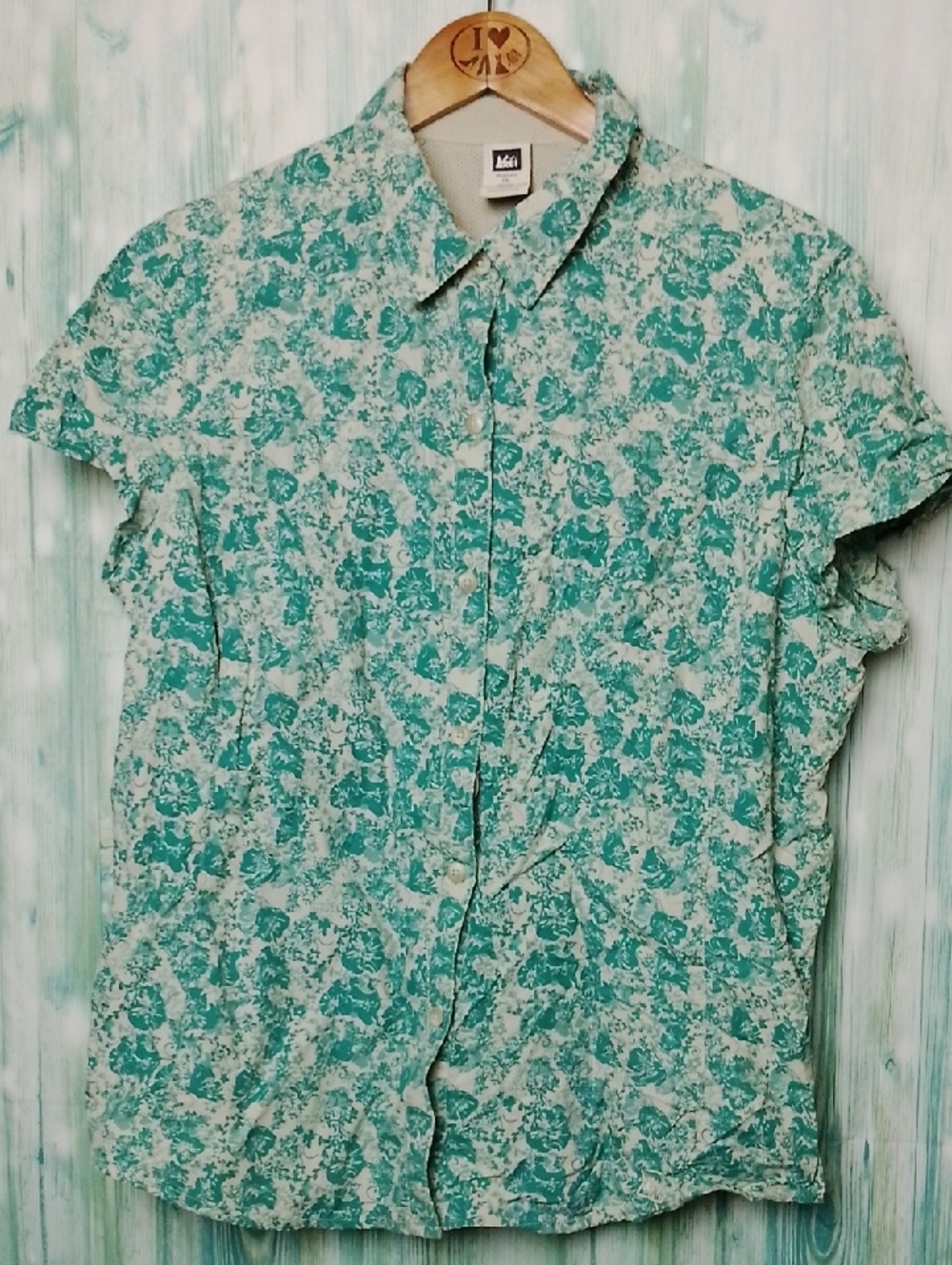 REI Short-Sleeve Activewear Teal Floral Button-Up Shirt XL